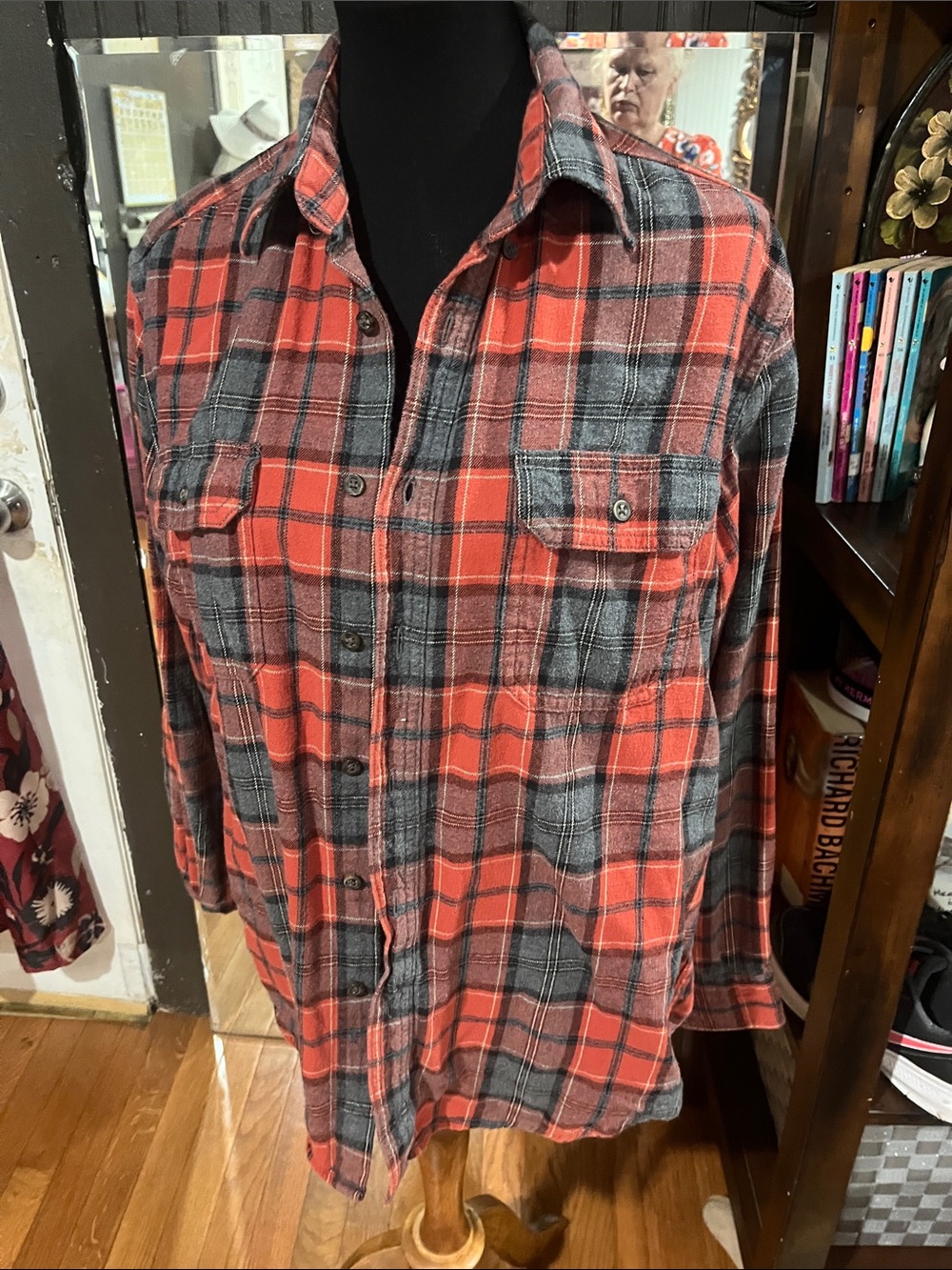 Faded Glory Red and Gray Plaid Button-Down Shirt